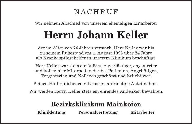 Traueranzeige Johann Keller