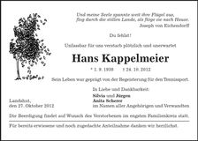 Traueranzeige Hans Kappelmeier