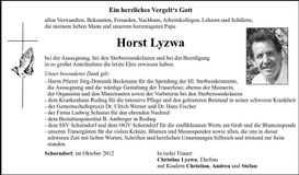 Traueranzeige Horst Lyzwa