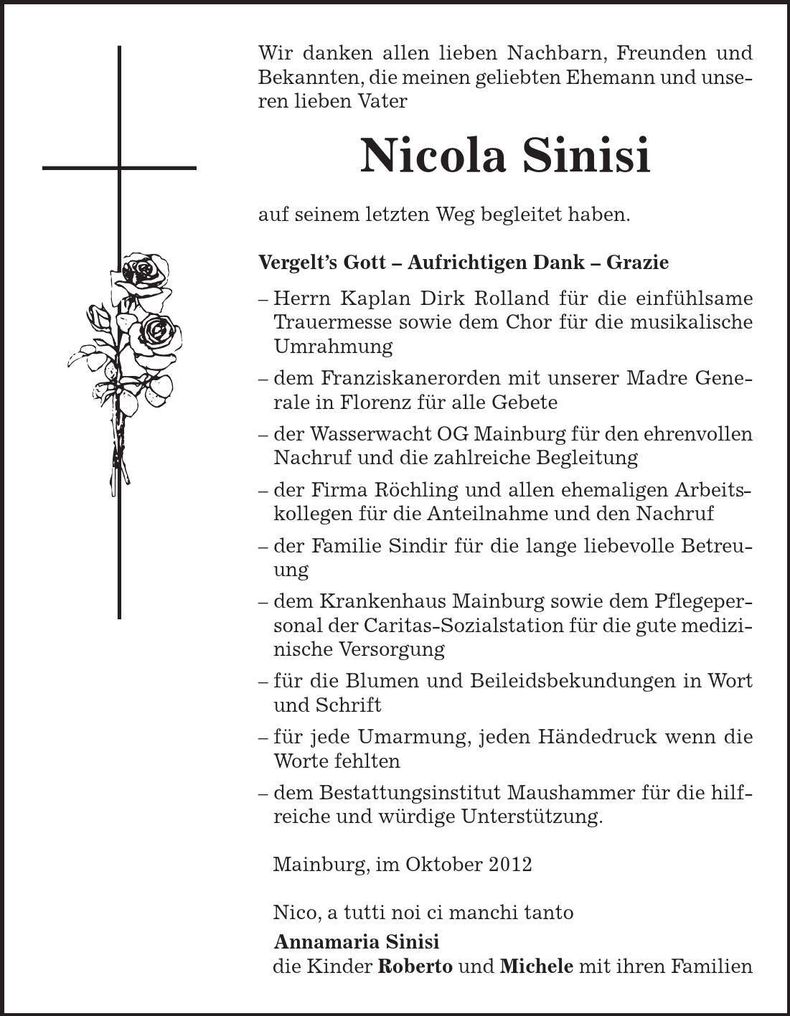 Traueranzeige Nicola Sinisi