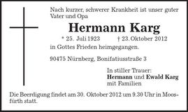 Traueranzeige Hermann Karg