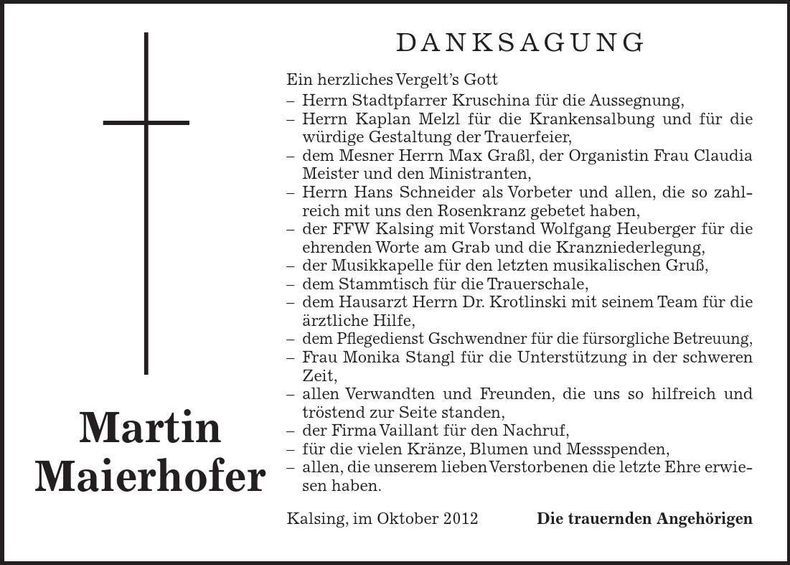 Traueranzeige Martin Maierhofer