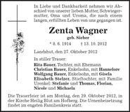 Traueranzeige Zenta Wagner
