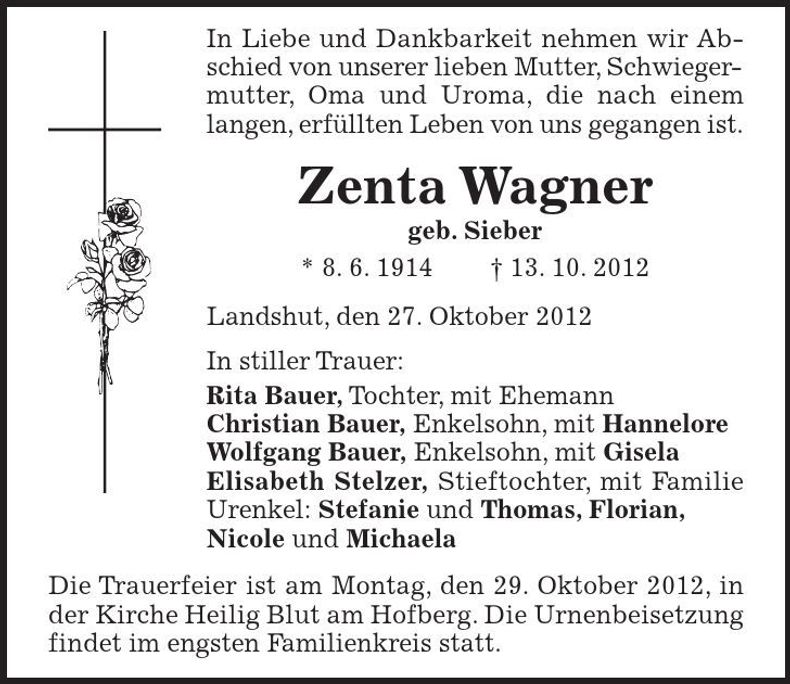 Traueranzeige Zenta Wagner