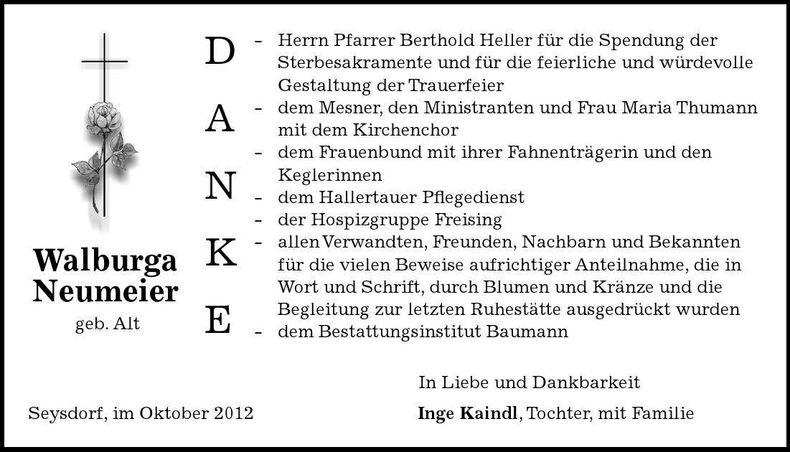 Traueranzeige Walburga Neumeier