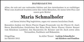 Traueranzeige Maria Schmalhofer