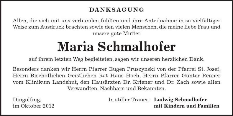 Traueranzeige Maria Schmalhofer