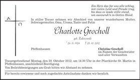 Traueranzeige Charlotte Grocholl