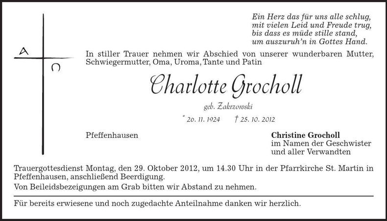 Traueranzeige Charlotte Grocholl