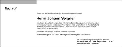 Traueranzeige Johann Seigner