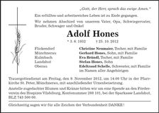 Traueranzeige Adolf Hones