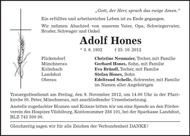 Traueranzeige Adolf Hones