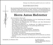 Traueranzeige Anton Hofstetter