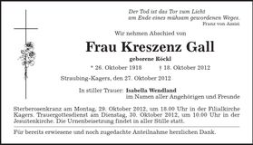 Traueranzeige Kreszenz Gall