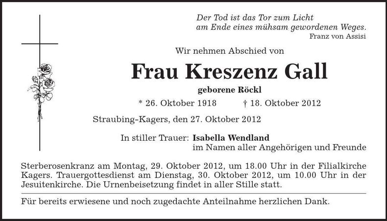 Traueranzeige Kreszenz Gall