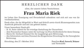 Traueranzeige Maria Riek