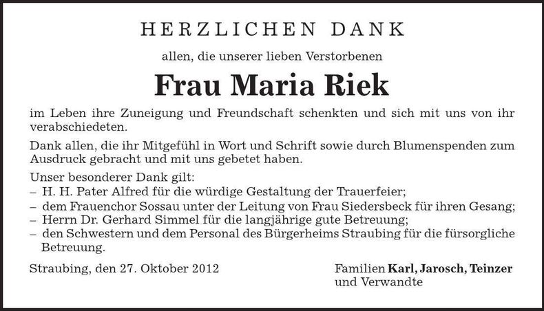 Traueranzeige Maria Riek
