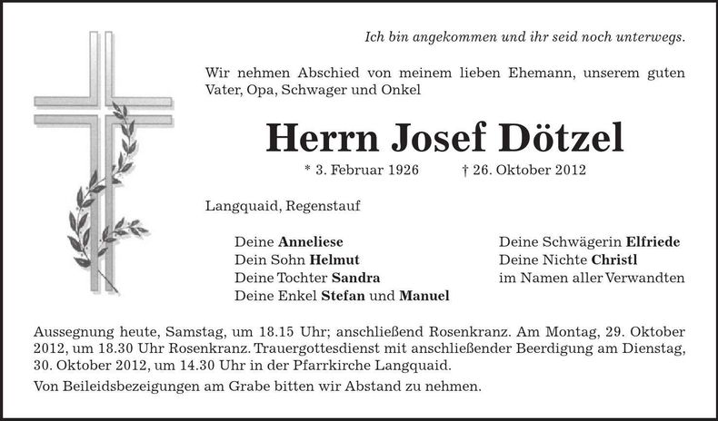 Traueranzeige Josef Dötzel
