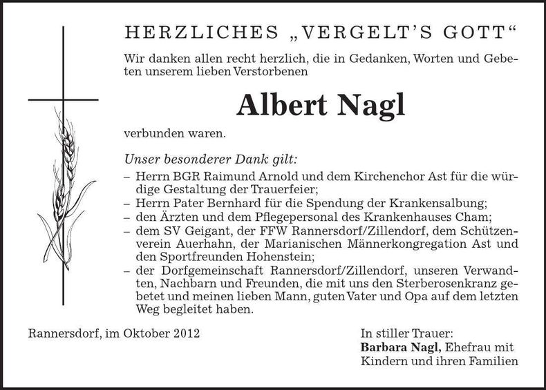 Traueranzeige Albert Nagl