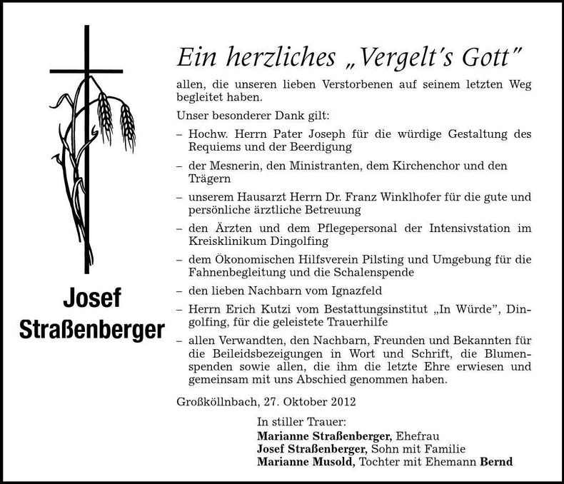 Traueranzeige Johann Straßenberger