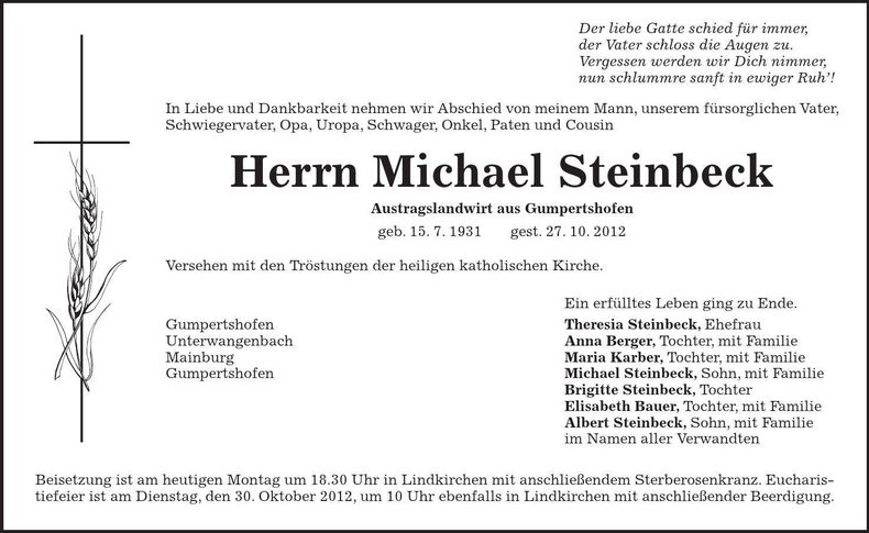 Traueranzeige Michael Steinbeck