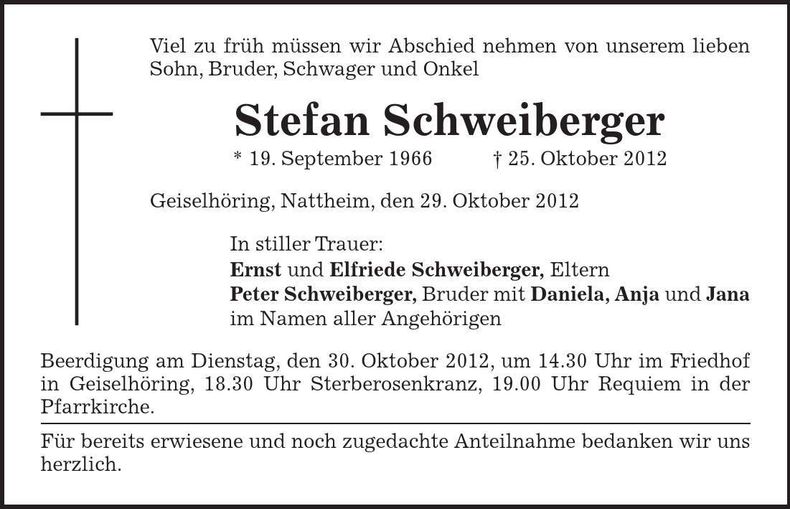 Traueranzeige Stefan Schweiberger