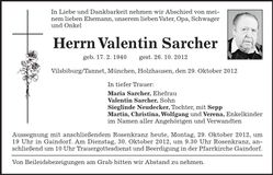 Traueranzeige Valentin Sarcher