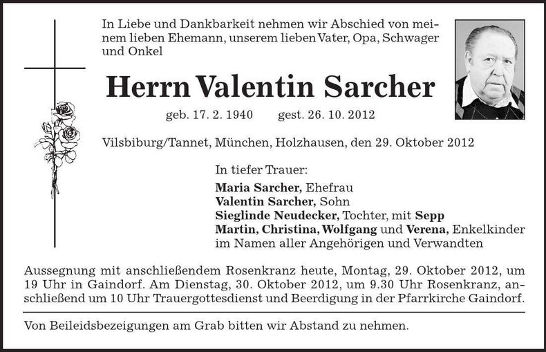 Traueranzeige Valentin Sarcher