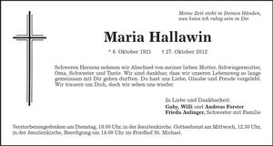 Traueranzeige Maria Hallawin