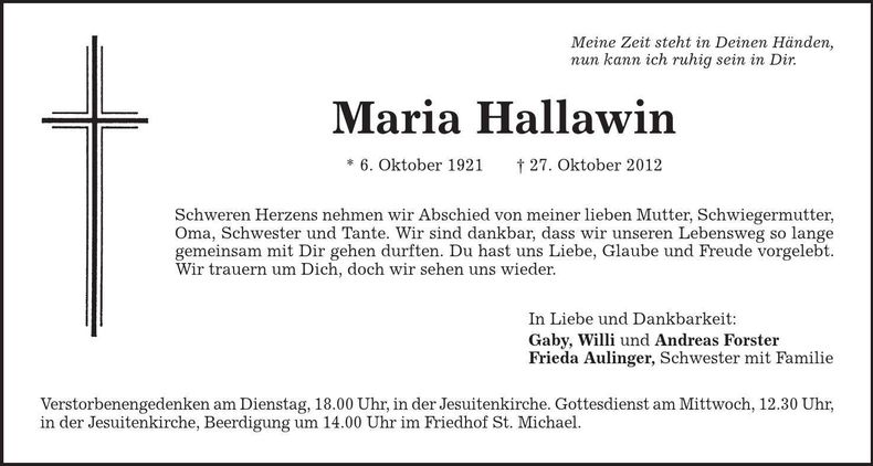 Traueranzeige Maria Hallawin