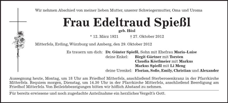 Traueranzeige Edeltraud Spießl