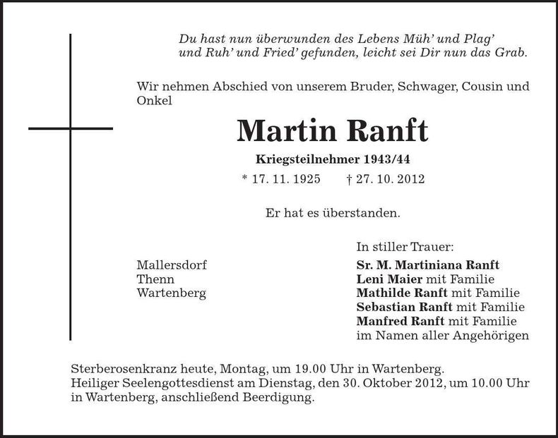 Traueranzeige Martin Ranft