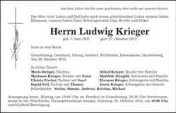 Traueranzeige Ludwig Krieger