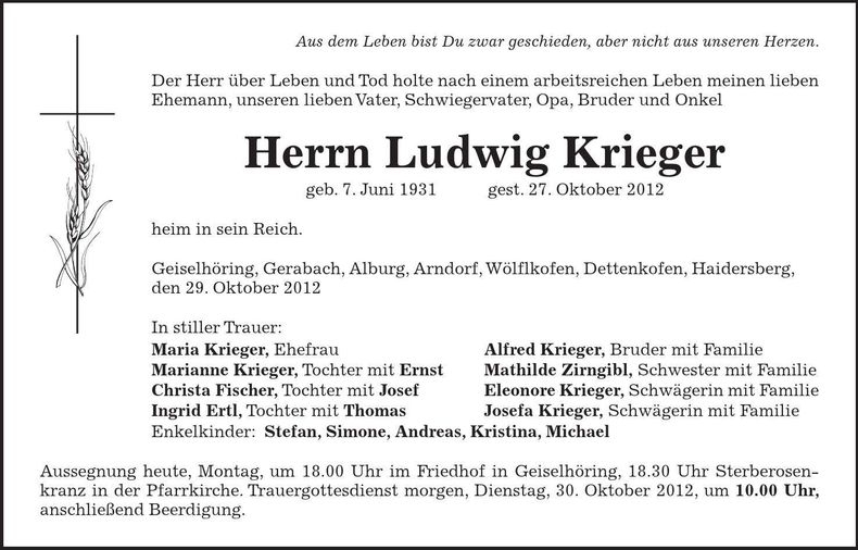 Traueranzeige Ludwig Krieger