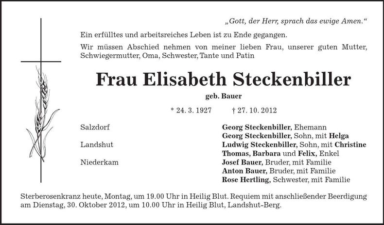 Traueranzeige Elisabeth Steckenbiller
