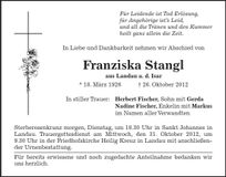 Traueranzeige Franziska Stangl