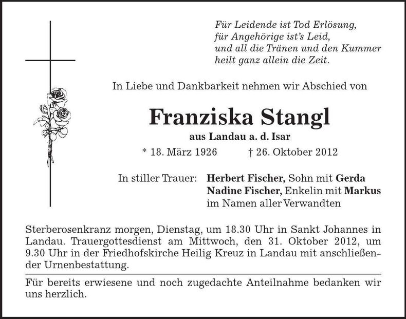 Traueranzeige Franziska Stangl