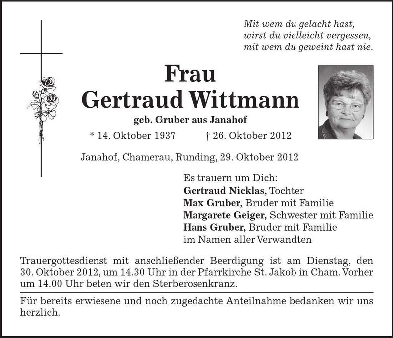 Traueranzeige Gertraud Wittmann