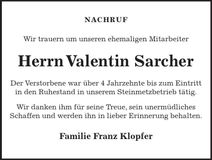 Traueranzeige Valentin Sarcher