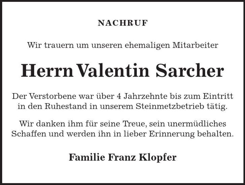 Traueranzeige Valentin Sarcher