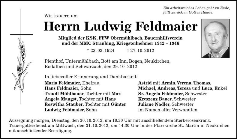 Traueranzeige Ludwig Feldmaier