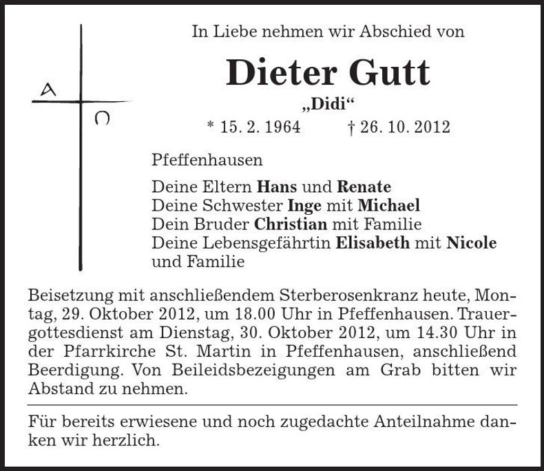 Traueranzeige Dieter Gutt