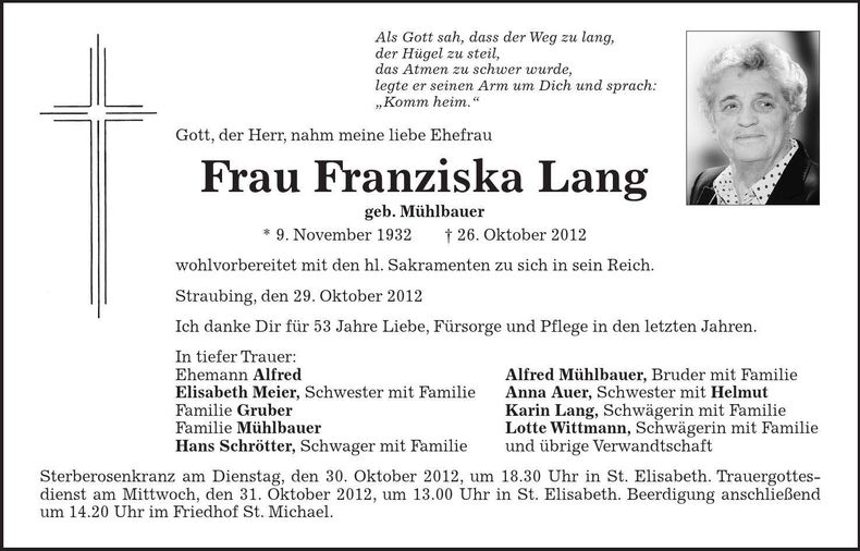 Traueranzeige Franziska Lang