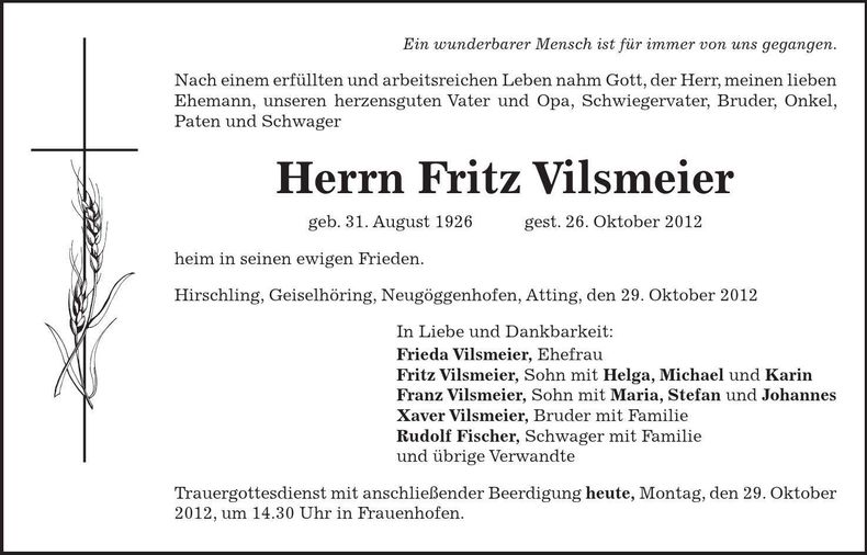 Traueranzeige Fritz Vilsmeier