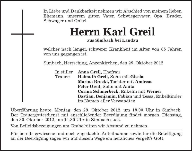 Traueranzeige Karl Greil