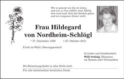 Traueranzeige Hildegard Nordheim-Schlögl