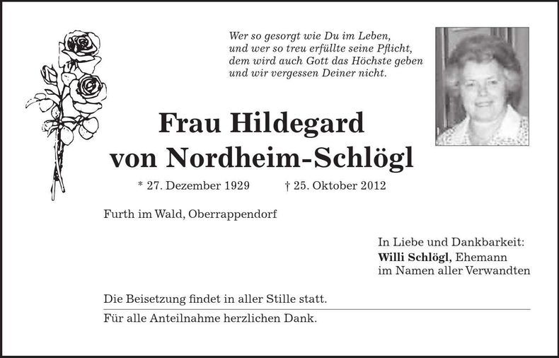 Traueranzeige Hildegard Nordheim-Schlögl