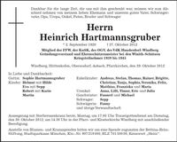 Traueranzeige Heinrich Hartmannsgruber