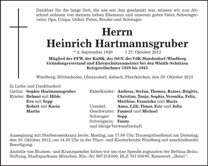 Traueranzeige Heinrich Hartmannsgruber