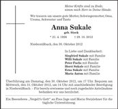 Traueranzeige Anna Sukale